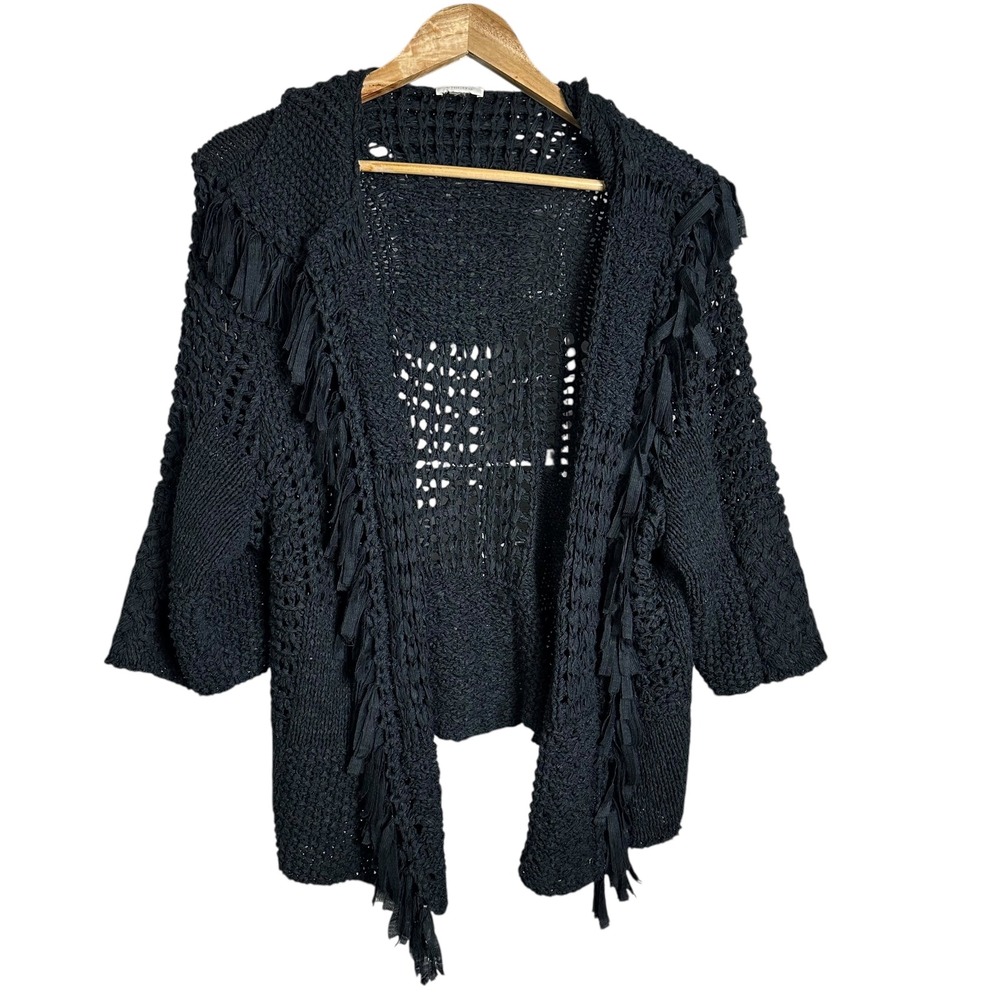 Chicos Black Crochet Fringe Cardigan Sweater Open Boho western festival witchy